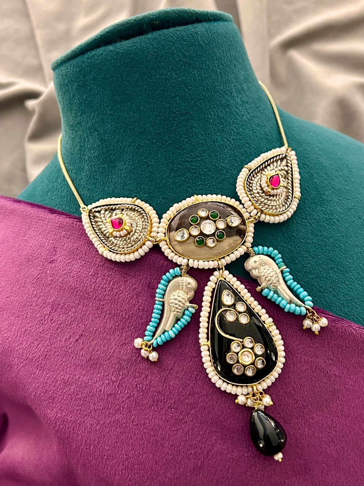 Royal Peacock Inspired Black Stone Kundan Choker Necklace Set